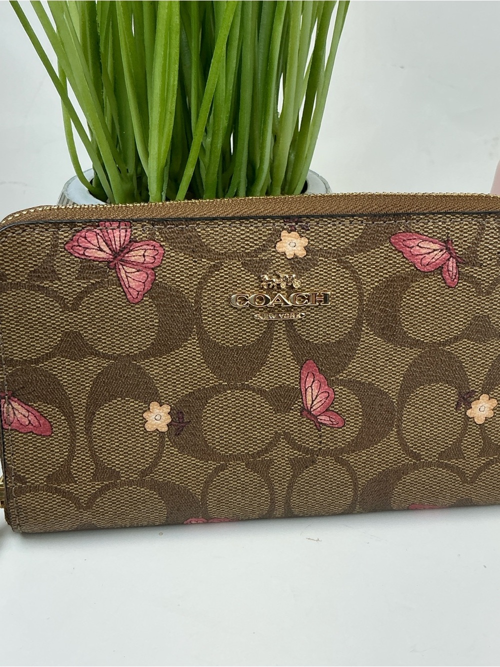 Coach Brown Signature Canvas Wallet with Pink Butterflies Accents